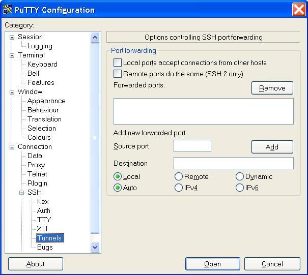 PuTTY SSH Tunneling Screenshot